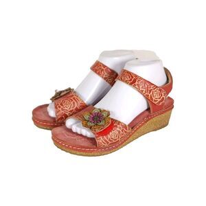 L'artiste Spring Step Women's Cuteness US8-8,5 Red Leather Floral Wedge sandal